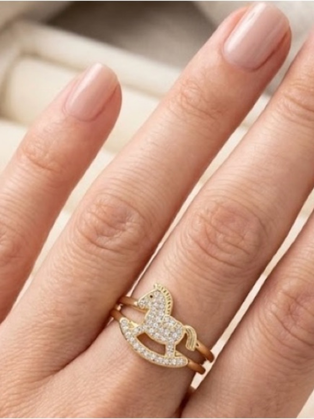 Gold Rocking Horse Stacking Ring with Clear Stones